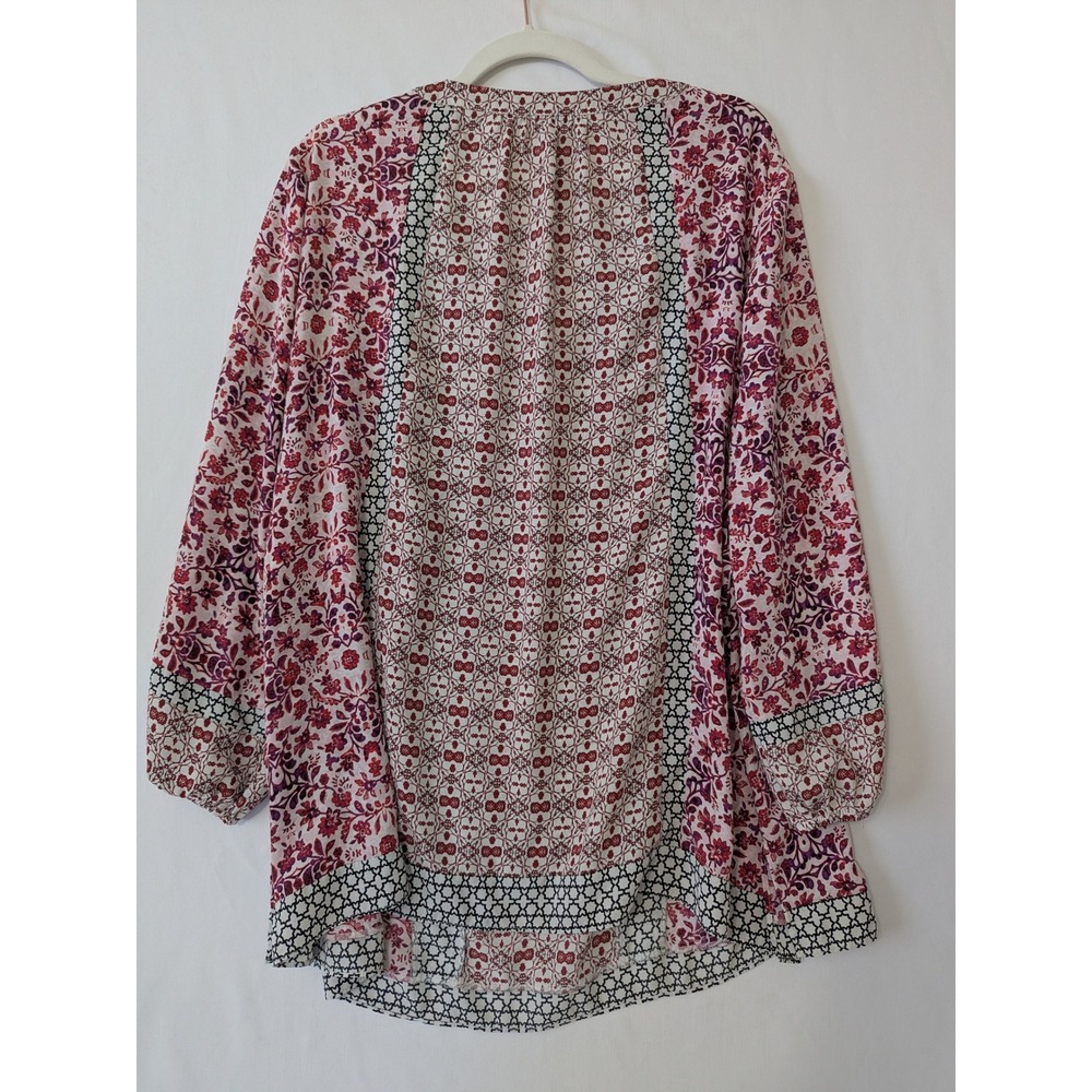 NYDJ Tunic Blouse Women 2X Red White Mixed Print Floral V-Neck 3/4 Sleeve Boho - Picture 3 of 8